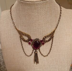 Vintage-Gold Tone and Red Glass Necklace